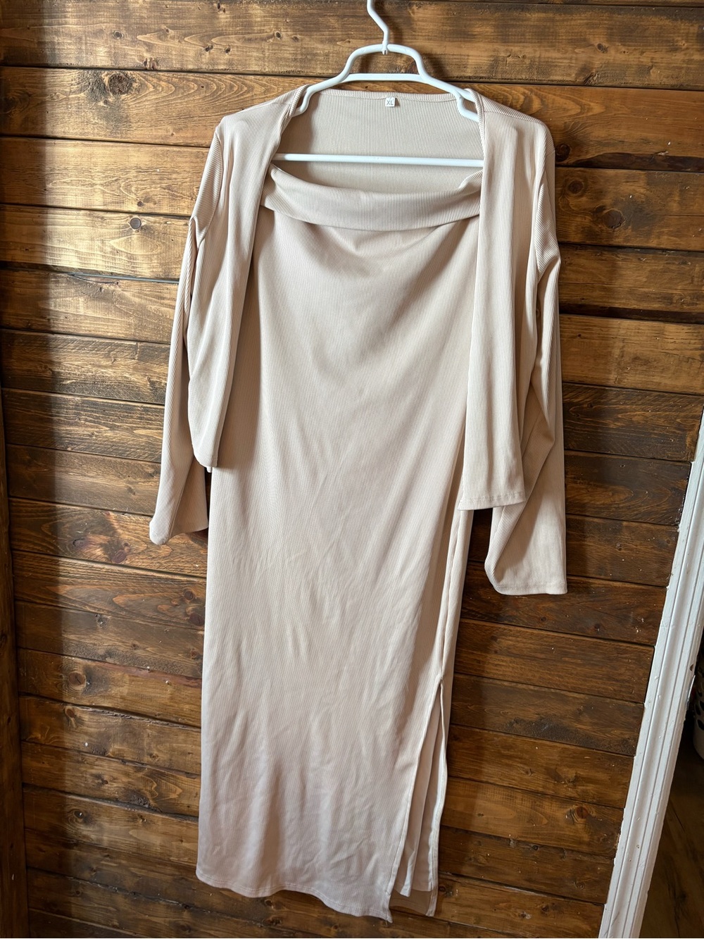 Beige Maternity ribbed Midi Dress strapless w matching cardigan XL